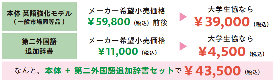 電子辞書本体・第二外国語追加辞書ともに大きく割引